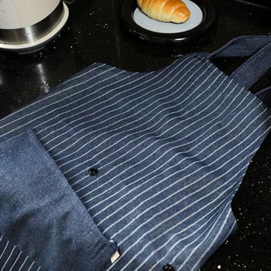 Stripe Stain-resistant Kitchen Apron with Pocket And Removable Hand Towel for Women Men Cross-back Restaurant Cooking Pinafore Breathable