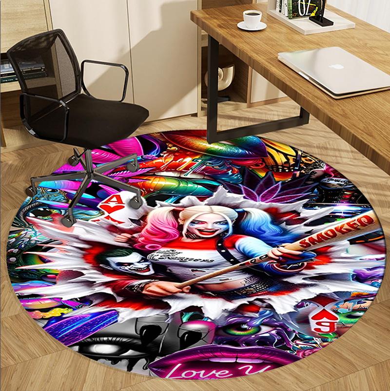 Harley Quinn Joker Pattern Round Rug, Indoor/Outdoor Mat, for Picnic, Gameroom, Bedroom, Office, Living Room, Home Decor Carpet, Birthday Gift