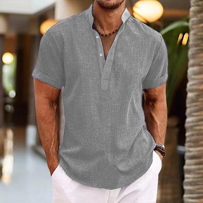 Summer Men's Shirts Tie Dyed Retro Short Sleeve Top Standing Neck Casual Henley Shirt