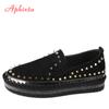 Aphixta Real Mink Fur Shoes Women Flats Luxury Rivets Hand Stitching Winter Shoes Woman Crystals Slip-on Platform Footwear