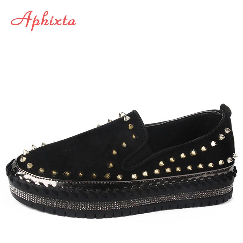 Aphixta Real Mink Fur Shoes Women Flats Luxury Rivets Hand Stitching Winter Shoes Woman Crystals Slip-on Platform Footwear