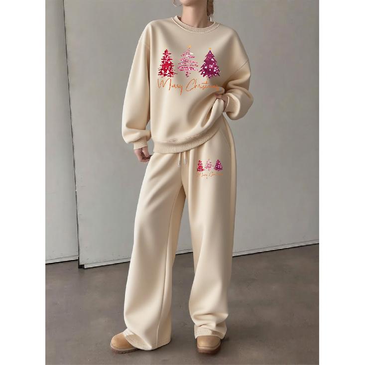 Women's Crewneck Sweatshirt & Drawstring Straight-Leg Pants 2-Piece Set, Christmas Print Sweatshirt & Wide-Leg Pants Lounge Set – Cozy