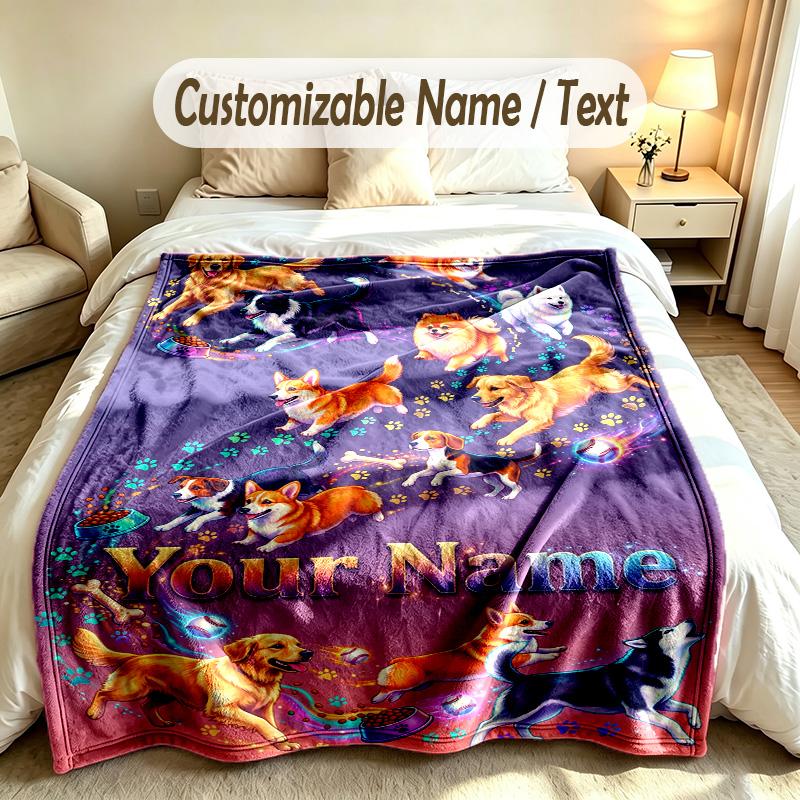 Dog Theme Soft Blanket Personalized Custom Name Text Print Warm Blanket Home Sofa Bedroom Decor
