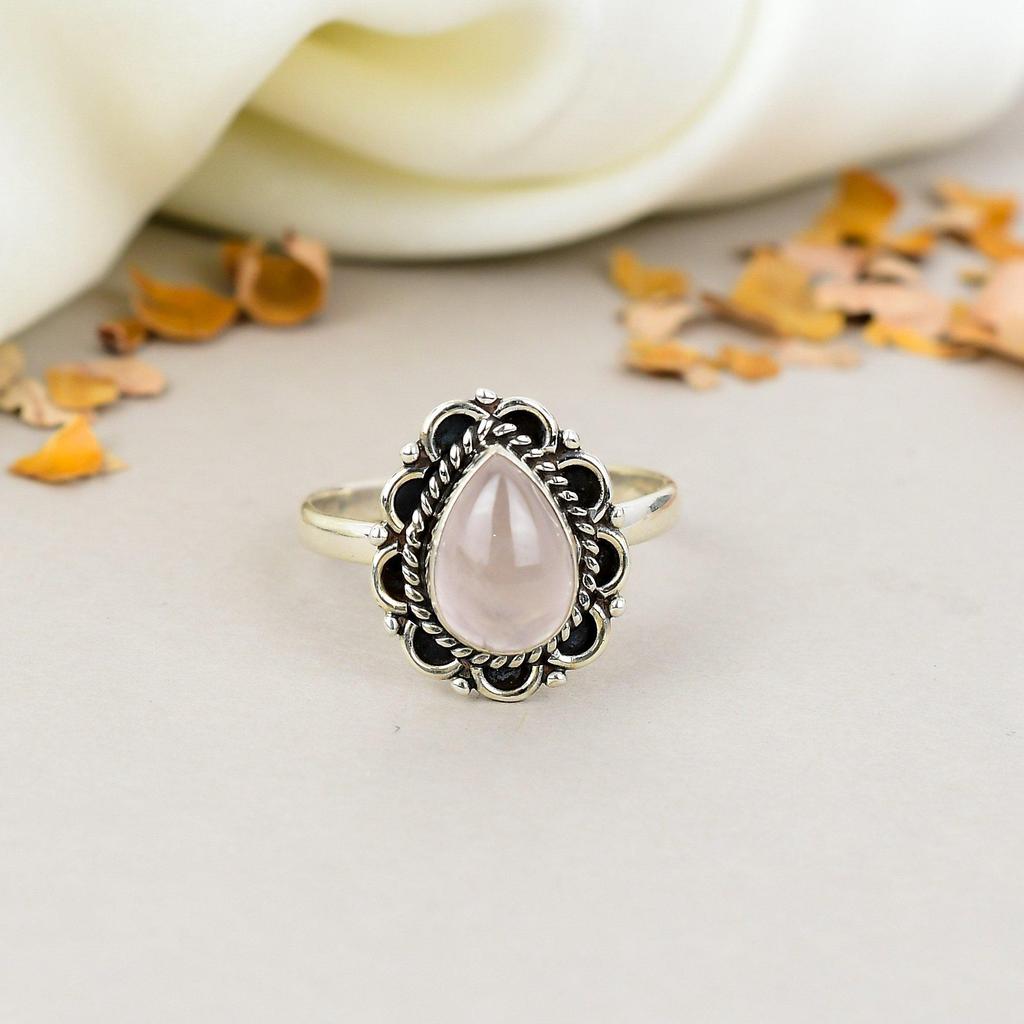 925 Sterling Silver Rose Quartz Gemstone Pear Shape Boho Ring For Women