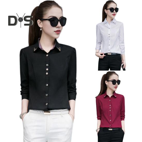 Women Shirt Lapel Long Sleeve Solid Color Single Breasted Shirt Tops Office Lady Shirt Work Daily Wear