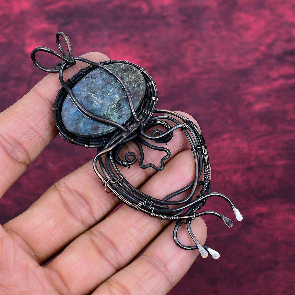 Ruby In Blue Kyanite Gemstone Pendant Copper Wire Wrapped Handmade Pendant