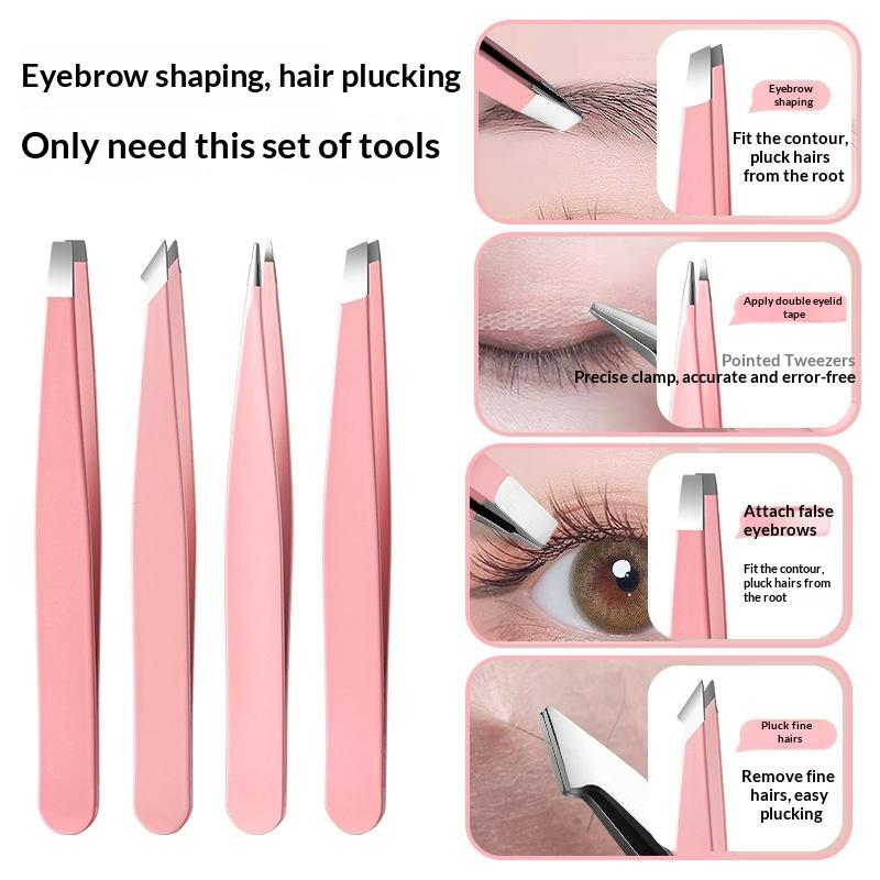 Colorful Stainless Steel 4 Pcs Tweezer Set For Women And Men'S Eyebrows & Eyelashes Comes With Storage Bag