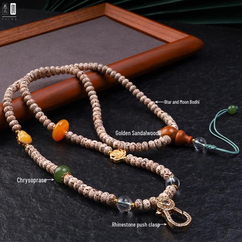 Thailand Amulet Necklace with Diamond Inlaid Bodhi, Star Moon Design, Quick Release Buckle, Thangka, and Emerald Jade Pendant