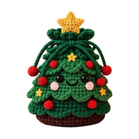 Holiday Home Decor DIY Christmas Crochet Gift Bag Material Kit for Beginners, Handmade Knitted Decoration Bag, Creative Xmas Tree/Elf/Nutcracker