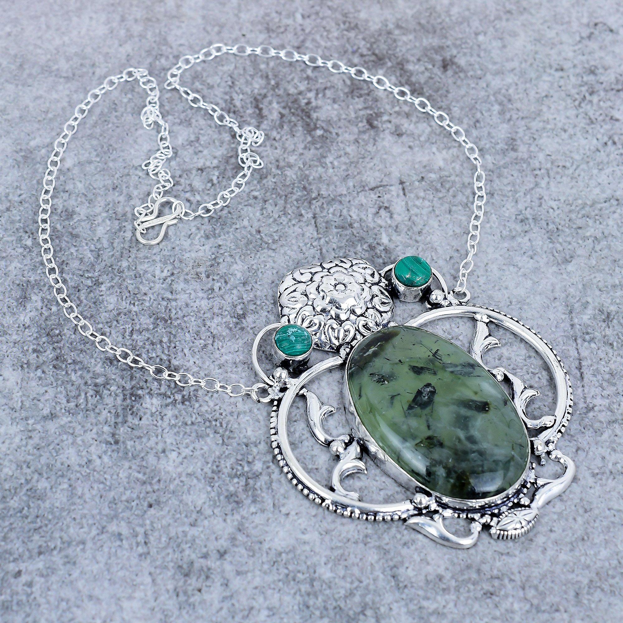 

Prehnite, Malachite Gemstone 925 Sterling Silver Jewelry Necklace 18 M-2768