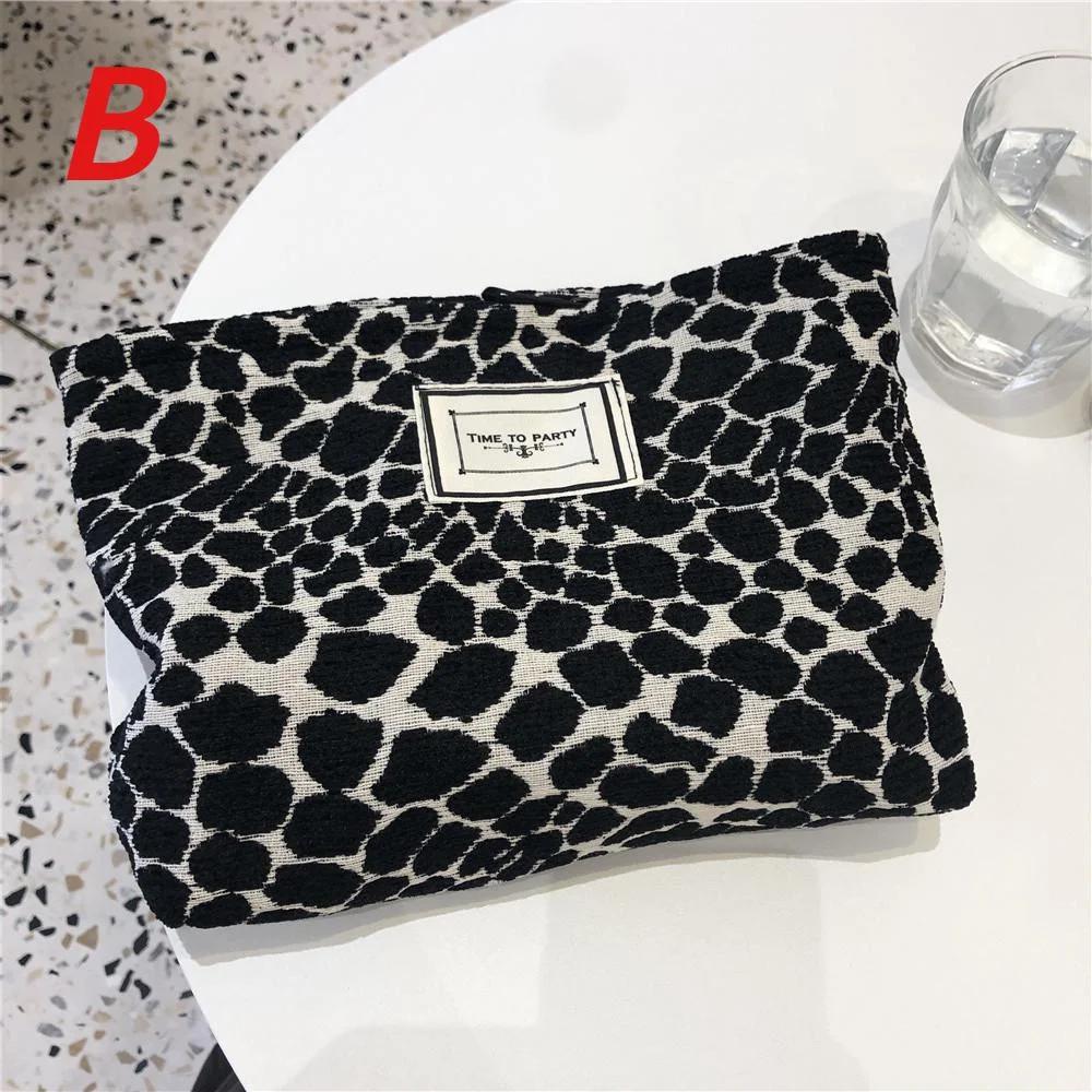 Casual and Versatile Black and White Leopard Print Makeup Washing Canvas Bagconvenient and Large Capacity