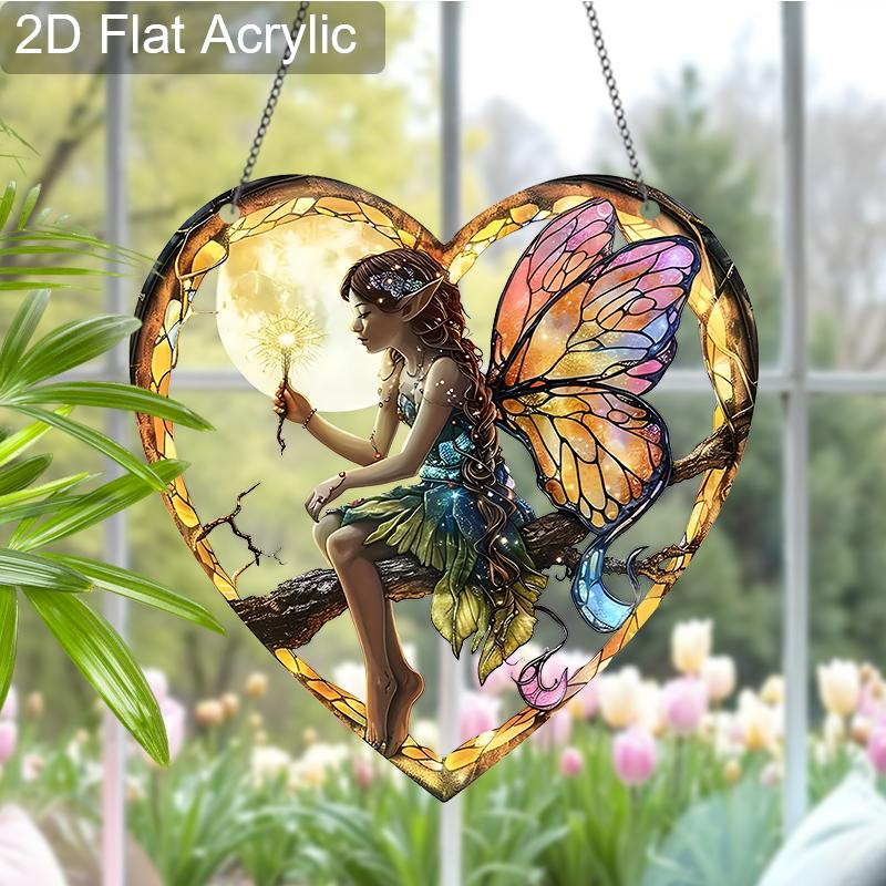 Acrylic Heart-Shaped Fairy with Moon Suncatcher, Stained Glass Style Window Hanging Ornament for Fantasy and Nature Lovers