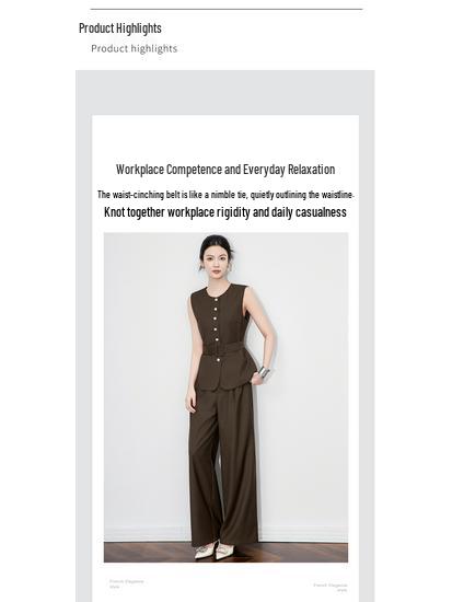Elegant Silver Buckle Vest & Commuter Wide-Leg Pants Set for Women - Autumn Collection