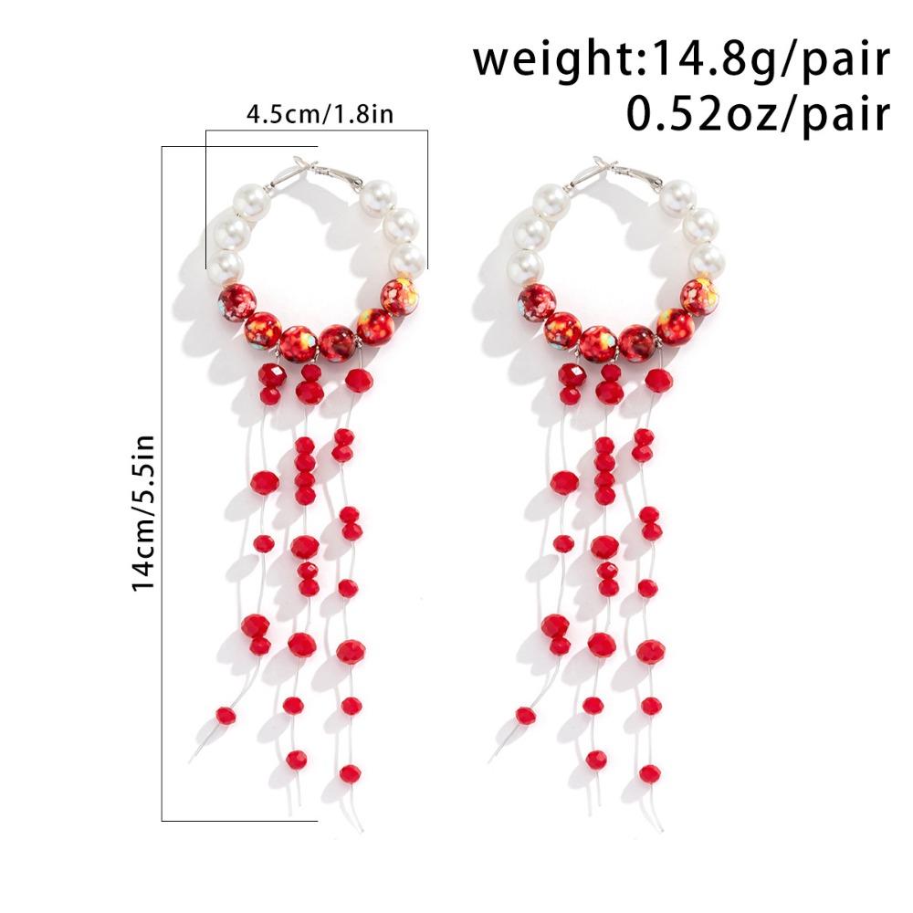 Creative Gothic Imitation Pearl Red Crystal Beaded Tassels Dangle Earrings for Women Halloween Blood Drop Long Earrings Jewelry