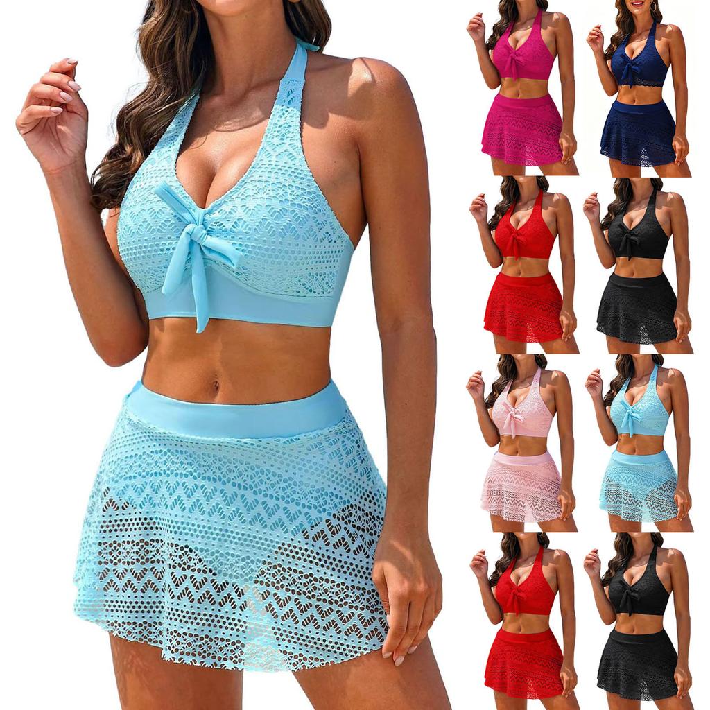 Women Mid Waisted Ruched Swim Skirt with Built In Briefs Lace Overlay Ruffle Hem Bikini Swimsuit Bottoms