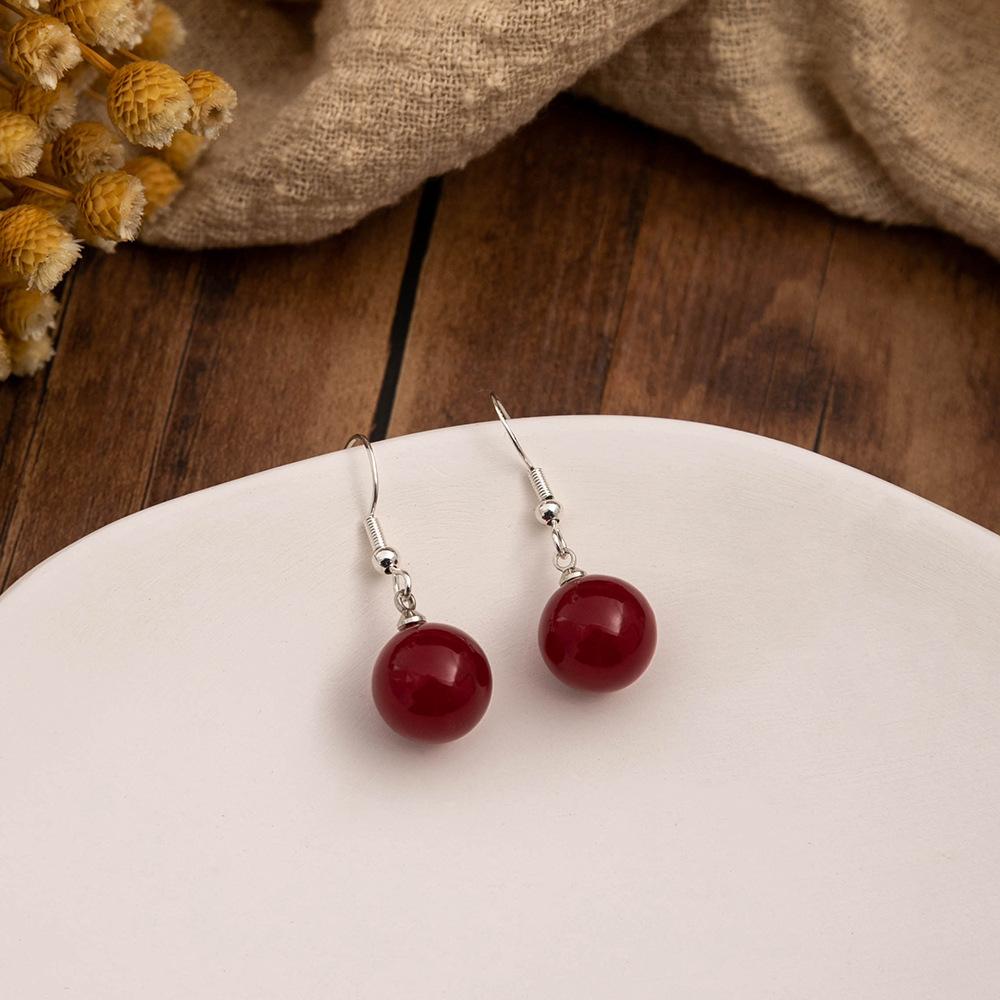 National Style Geometric Red Round Pearl Earrings, Retro Simple Court Style Earrings, High-End Earrings