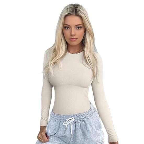 

Женские топы с длинным рукавом, круглым вырезом, облегающие, пуловеры, однотонные, базовый слой, рубашка, осень-зима, для повседневной носки M бежевый