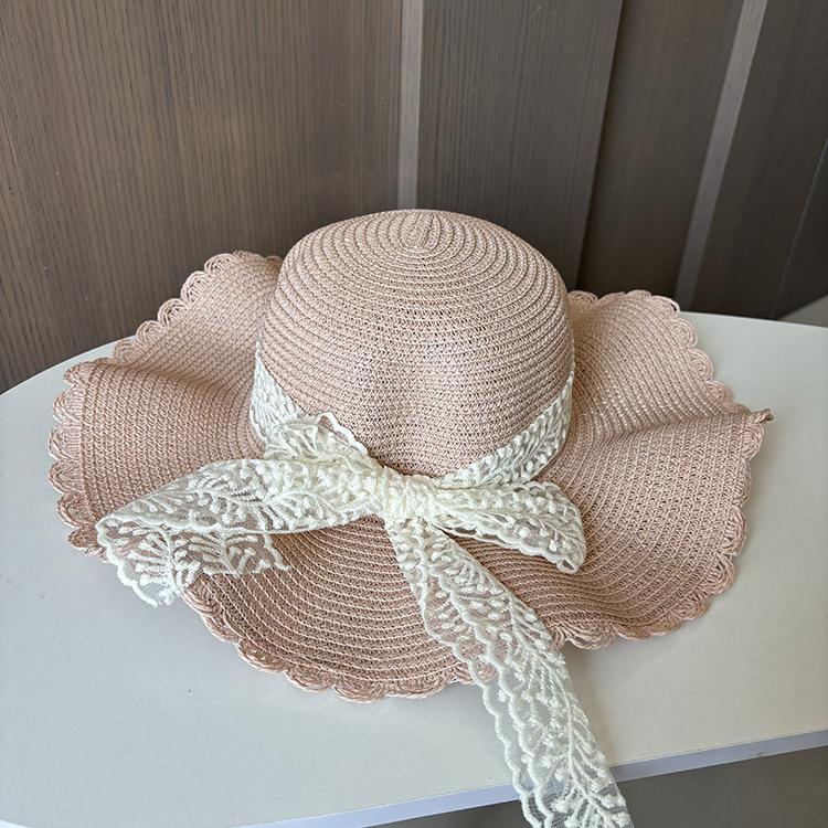 

Соломенная шляпа женская кружевная бантовая шляпа с большими полями складная шляпа от солнца пляжная шляпа от солнца на берегу моря M（56-58cm） розовый