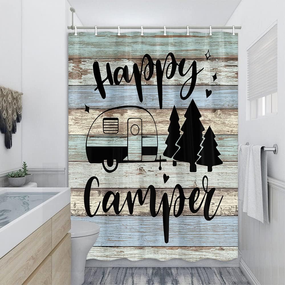 Camper RV Travel Trailers Shower Curtain, Farmhouse Camping Shorter and Narrow Fabric Shower Curtains, Rustic Camp Bathroom Curtain Liner with Hooks