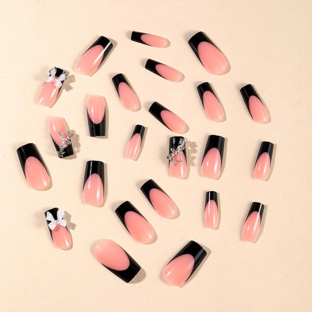Medium Rectangle Black French Star Pendant Ice Bow Removable Fake Nail Art Tips
