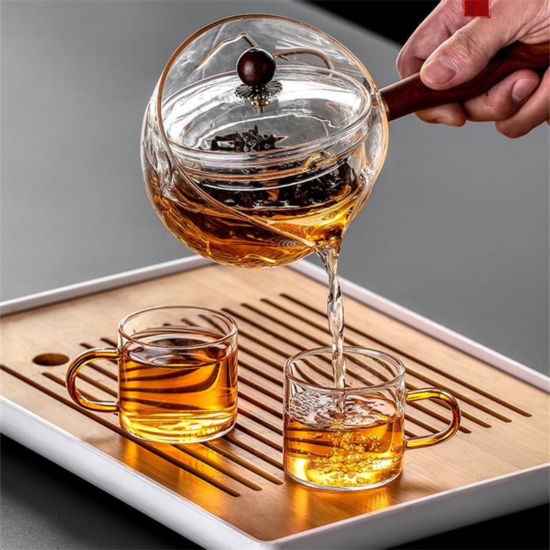 650ml Heat Resistant Side Wooden Handle Glass Teapot With 360° Rotary Infuser Liner Filter Boil Puer Oolong Tea Pot Tea Utensil
