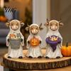 Dark Aesthetic Gift 3Pcs Halloween Ghost Highland Cow Figurines, Resin Yak Statues with Pumpkin, Farmhouse Unique Tabletop Ornaments for Holiday Shelf