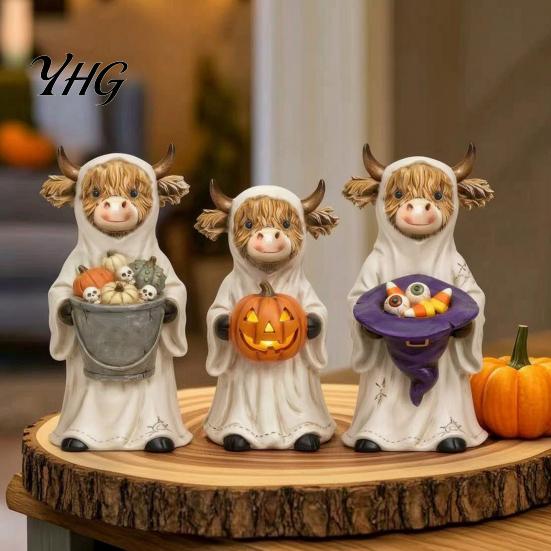 Dark Aesthetic Gift 3Pcs Halloween Ghost Highland Cow Figurines, Resin Yak Statues with Pumpkin, Farmhouse Unique Tabletop Ornaments for Holiday Shelf