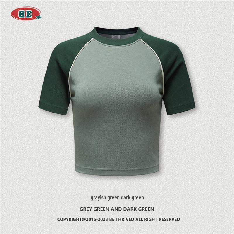 

Women s 2025 Spring/Summer Retro Color Block Raglan Sleeve Crew Neck T-shirt Large