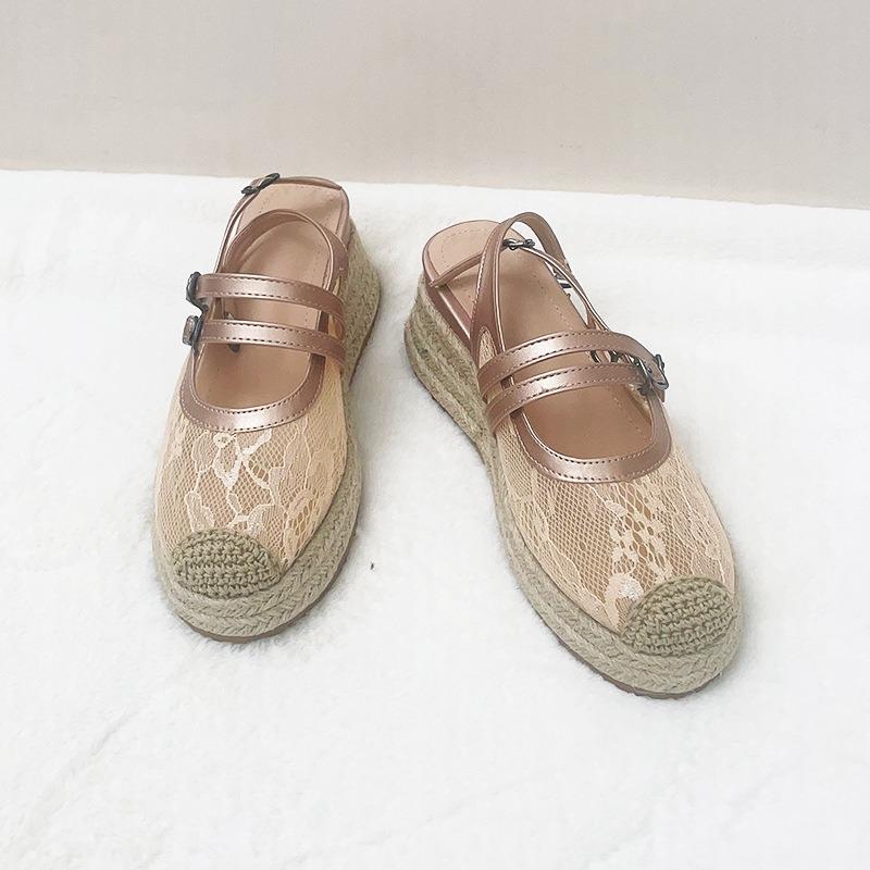 Summer Bag Head Sandals Women's New Lace Mesh Hollow Breathable Platform Shoes Straw Fisherman Shoes with Skirt