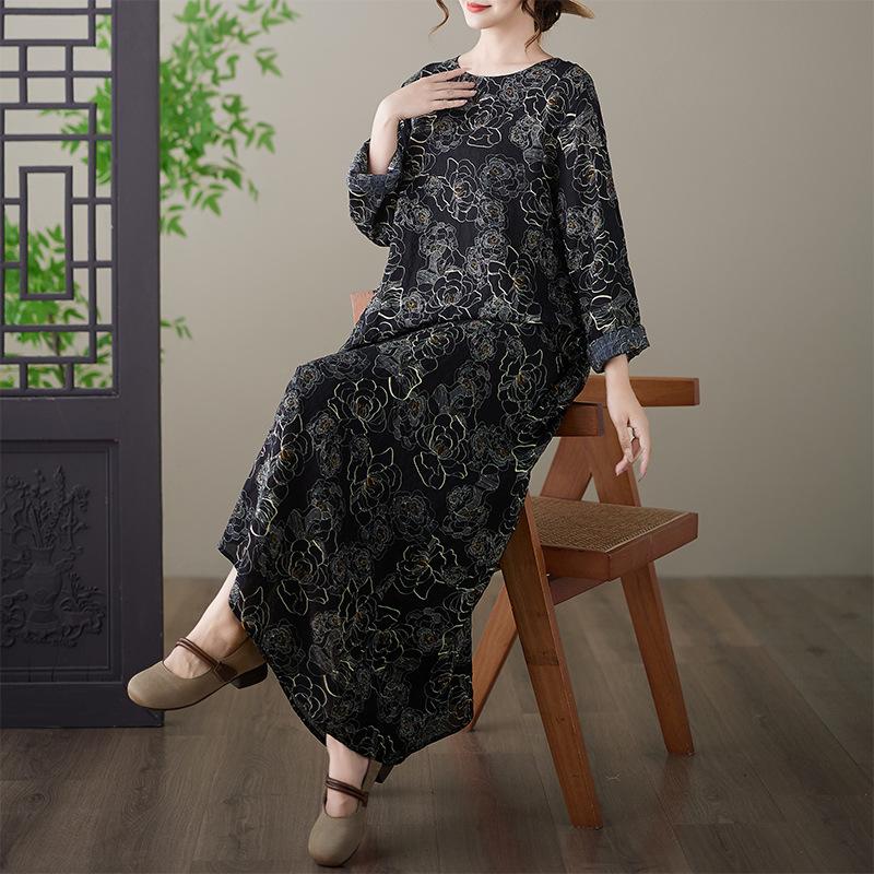 Printed Cotton-Linen Loose Plus Size Round Neck Long Sleeve Holiday Dress for Plus-Size L