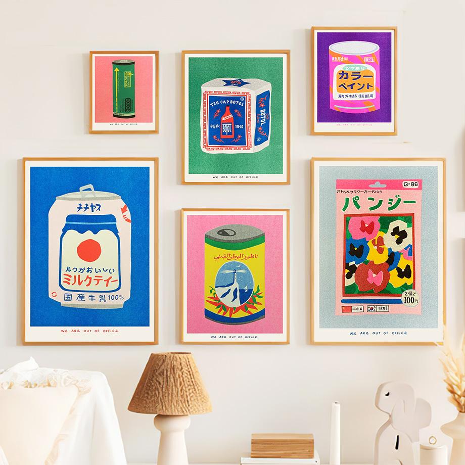 Japanese Juice Blossom Ink Canned Sardine Tomato Wall Art Painting Nordic Abstract Posters and Prints Pictures Living Room Decor