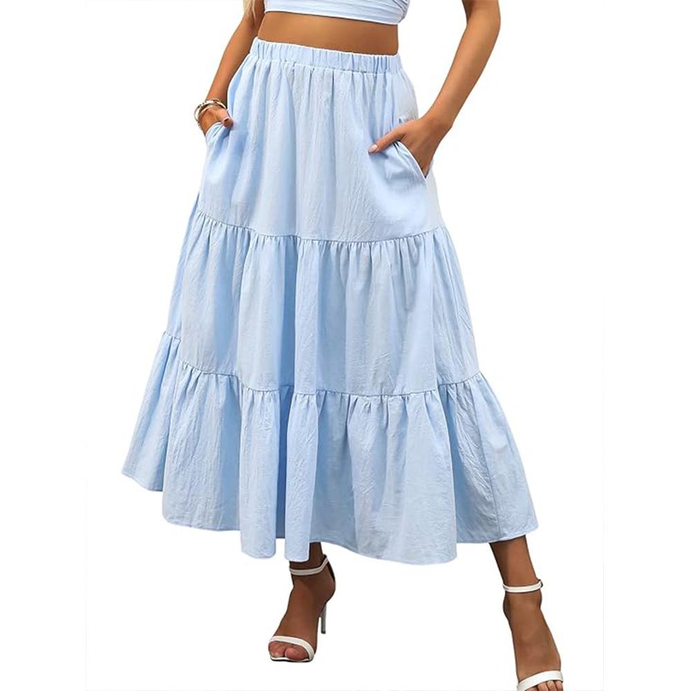 Women’s Summer Boho Flowy Swing Tiered A-Line Maxi Skirt 2025 Fashion Trendy Elastic Waist Pleated Long Beach Dress