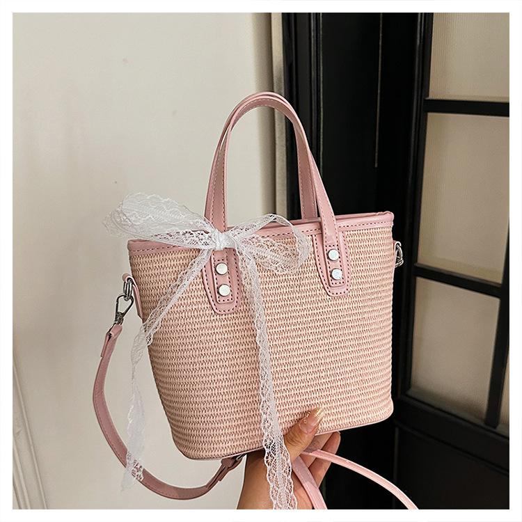 

Плетеная сумка простая и универсальная женская соломенная сумка лето новая большая вместимость досуг отпуск путешествия пляжная сумка розовый