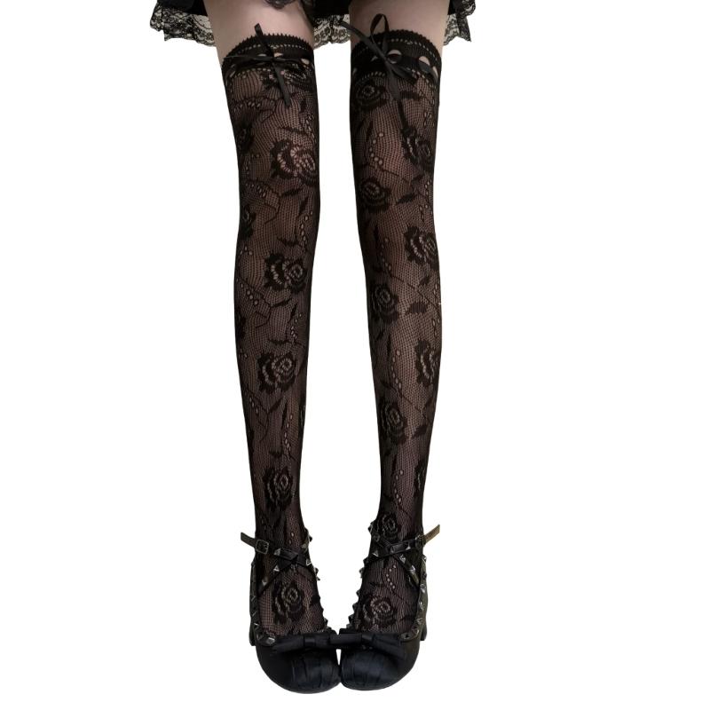 Lace Thigh High Socks With Rose Pattern Hollows Out Design Breathable Over Knee Stockings For Women Comfortable Polyester