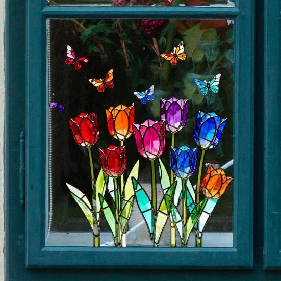 Tulip Stained Glass Window Film Decorative Tulip Bouquet Butterfly Window Cling Reusable Static Glass Sticker for Bathroom Living Room