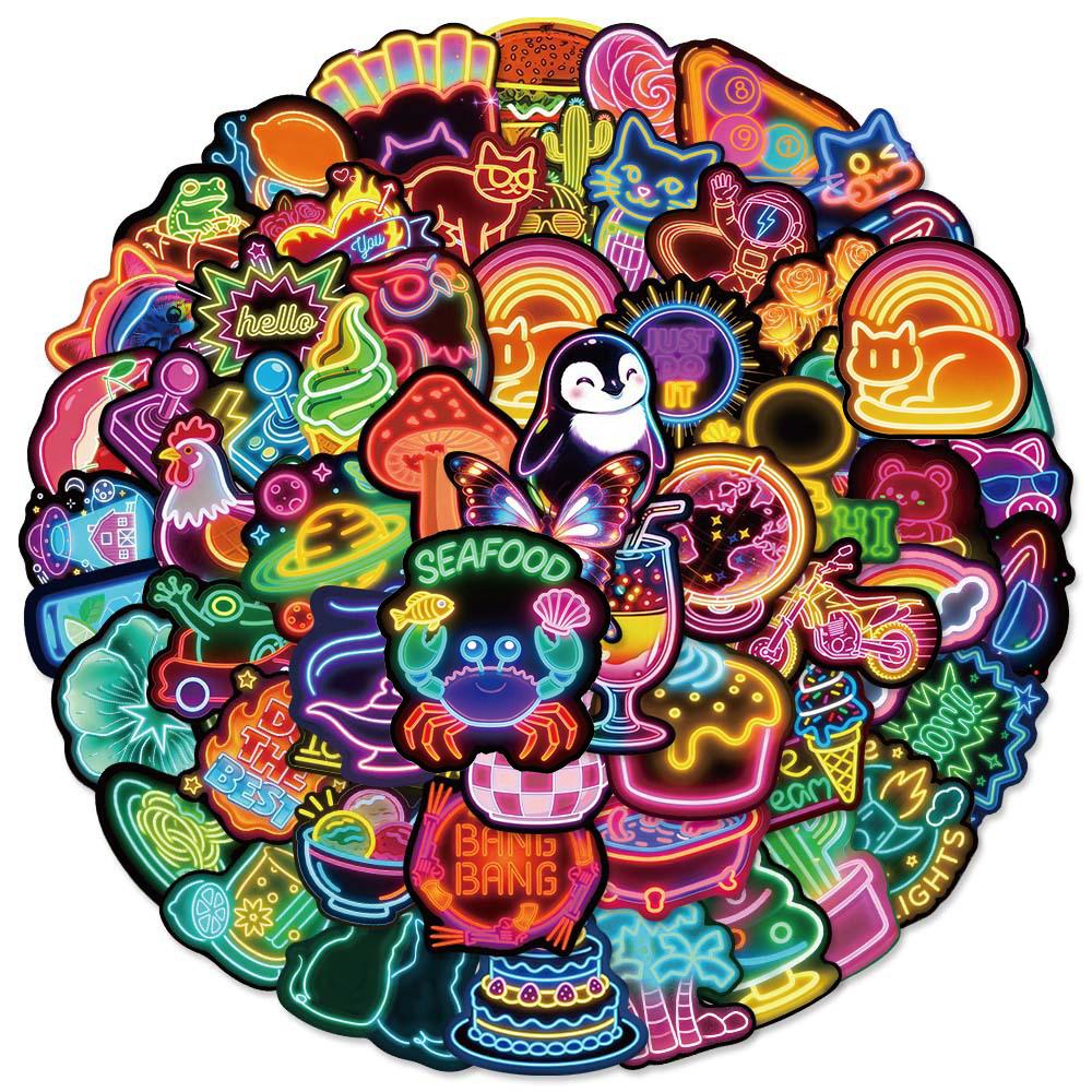 10/30/60pcs Cute Cartoon Animal Food Neon Light Stickers Funny Graffiti Sticker Skateboard Phone Notebook Decals Decoration Toy