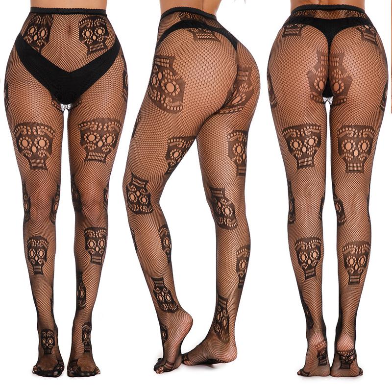 High Elastic Black Hollowed Lace Fishnet Patterned Tights For Women Soft Nylon Solid Color Sweet Panyhose Toe Reinforcement