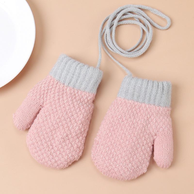 Children's Winter Plus Velvet Gloves Small Children's Bag Finger Halter Neck Yarn Warm Knitted Gloves Baby Solid Color Simple Gloves
