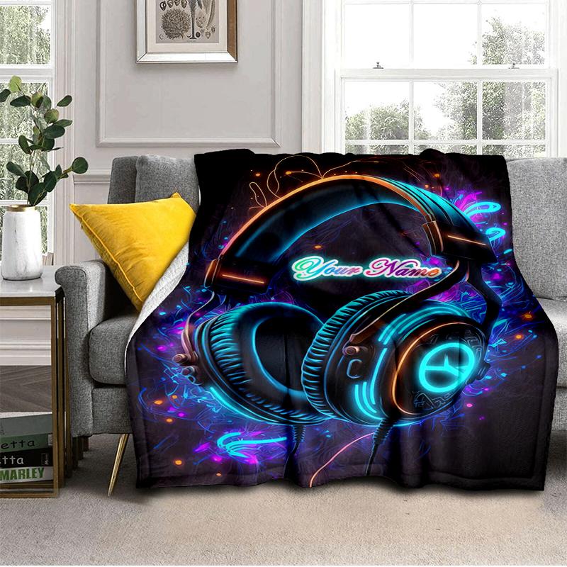1PC Custom Name Neon Headphones Glow Art flannel blanket versatile,all-season throw suitable for the living room,bedroom,camping,travel,and gift