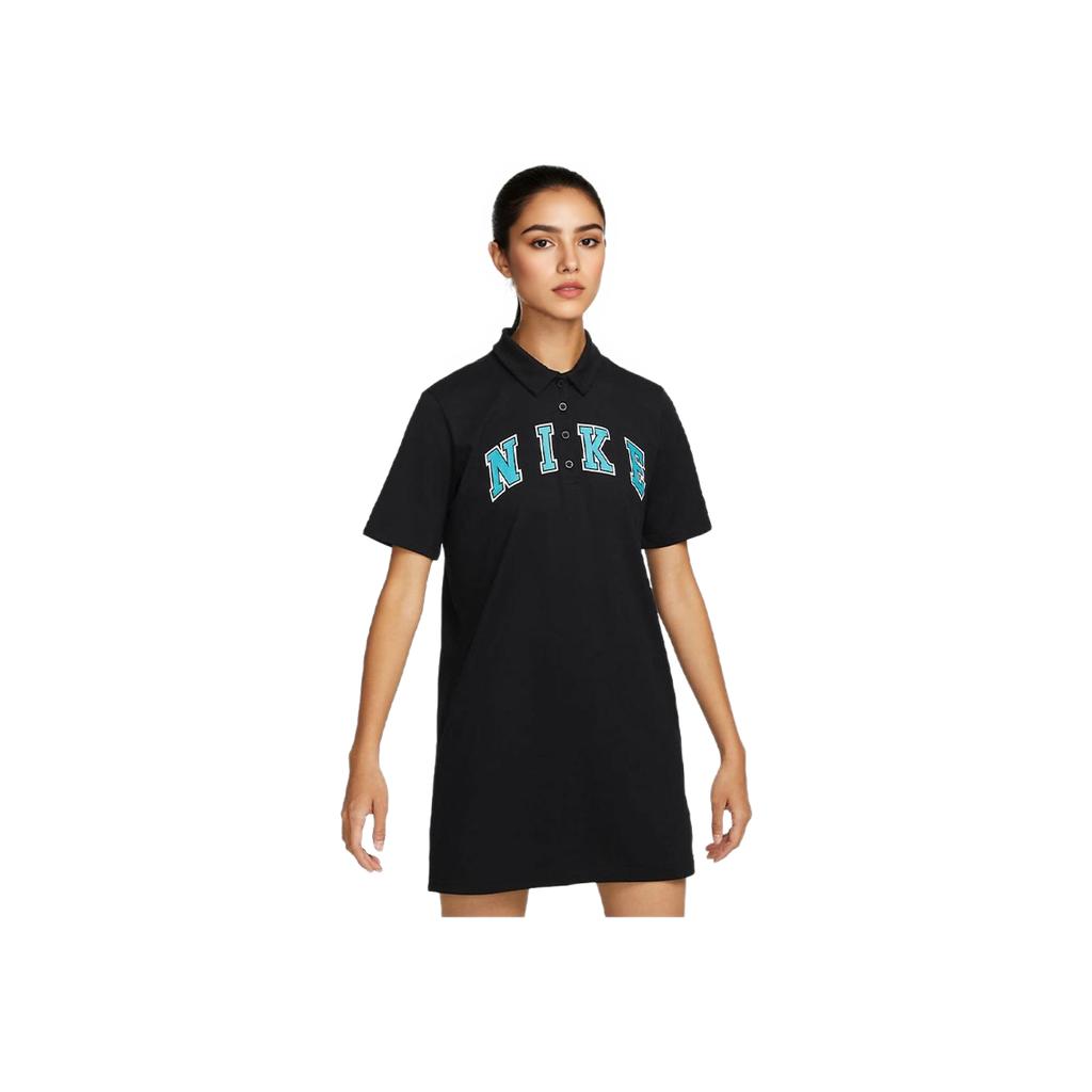 Nike Sportswear Letter Print Loose-Fit Breathable Moisture-Wicking Knit Polo Dress Women Dress Black FQ7010-010