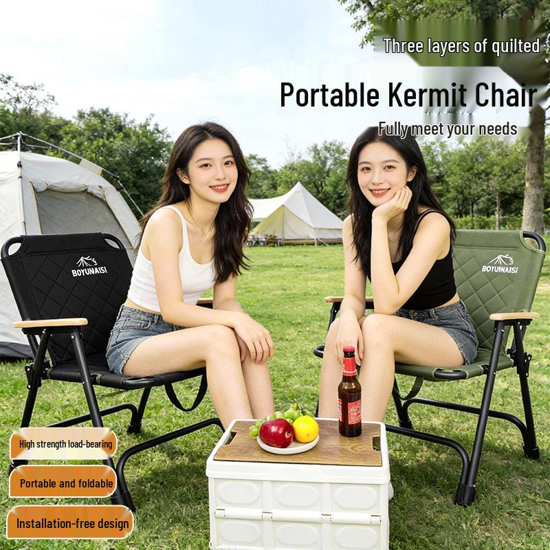 Premium Quilted Kermit Chair Set: Portable Outdoor Folding Chair with Backrest & Table for Camping, Beach, or Picnics