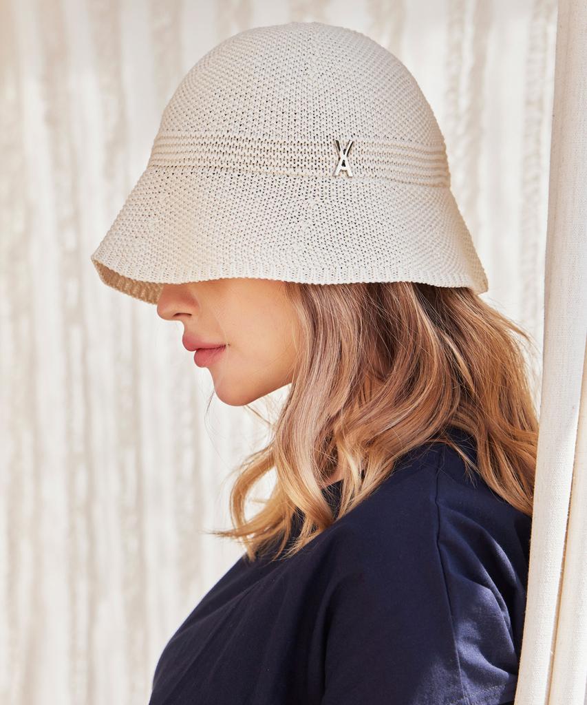 Bajal Studded Logo Summer Knit Bucket Hat Cream