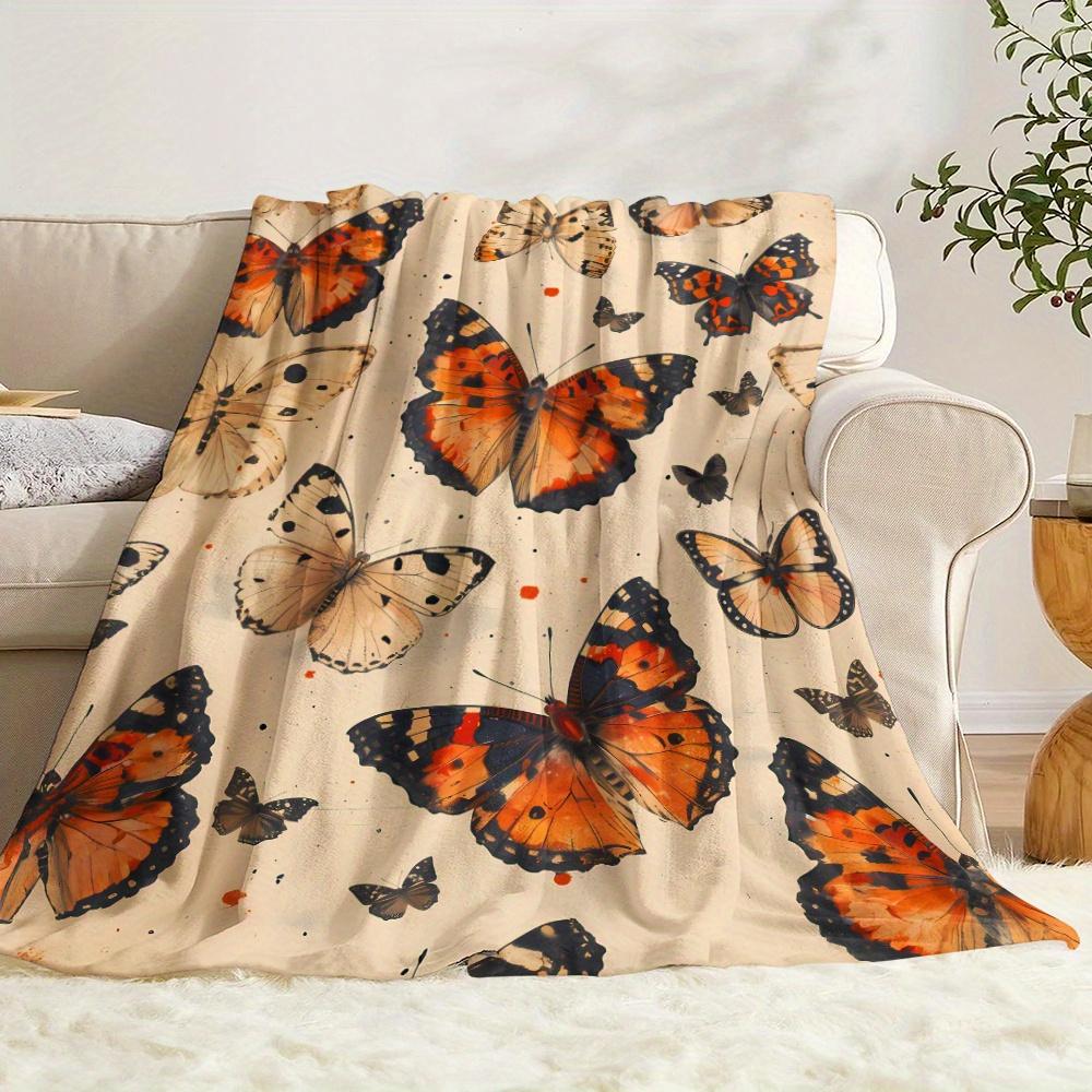 Orange  Butterfly Pattern Flannel printed blanket suitable for all seasons suitable for living room office sofa and travel