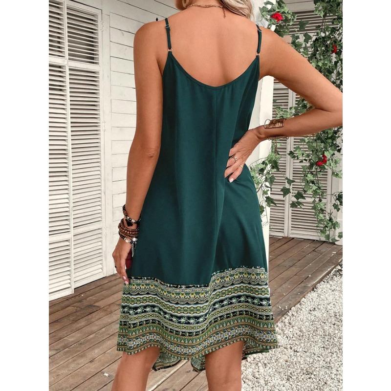 Vestido de verão feminino solto de alça com costura e estampa, bainha irregular