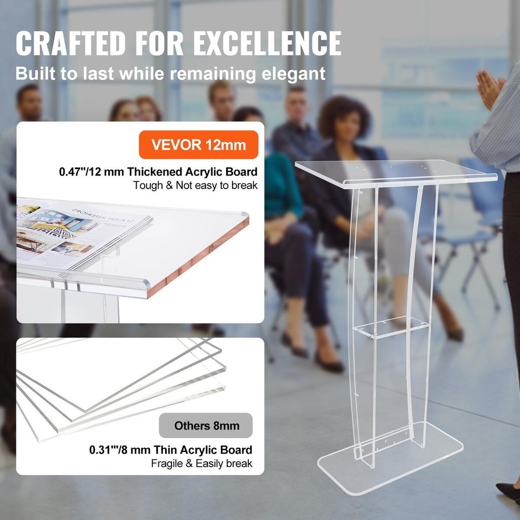Acrylic Podium, 47" Tall, Clear Acrylic Podium Stand with Wide Reading Surface & Storage Shelf, Floor-standing Clear Pulpits Acrylic for Church Office