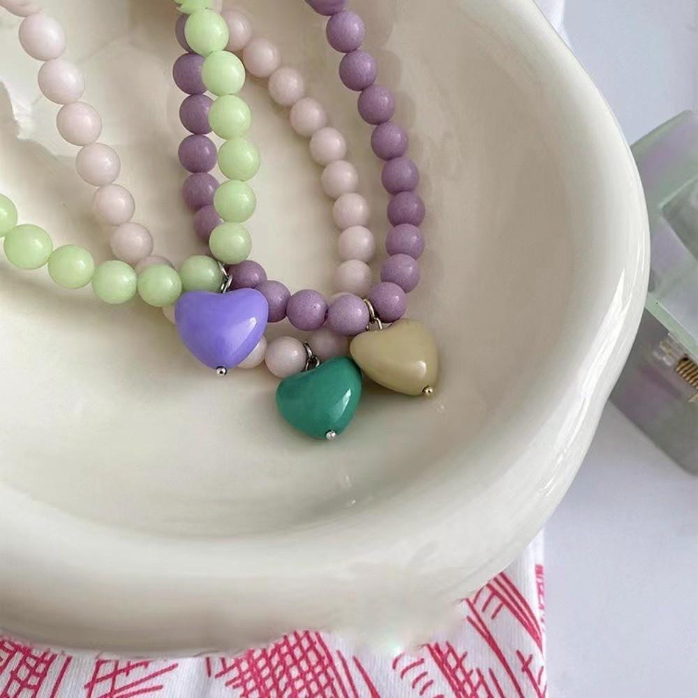 Colorful Beaded Necklace Love Heart Pendant Neck Chain Vintage Clavicle Chain