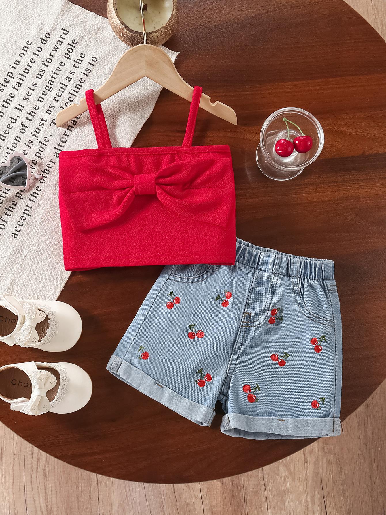 Two-piece set for baby girls, featuring a cute butterfly-knot embroidered camisole and cherry-embroidered denim shorts – a new summer style. 6-9M разноцветный