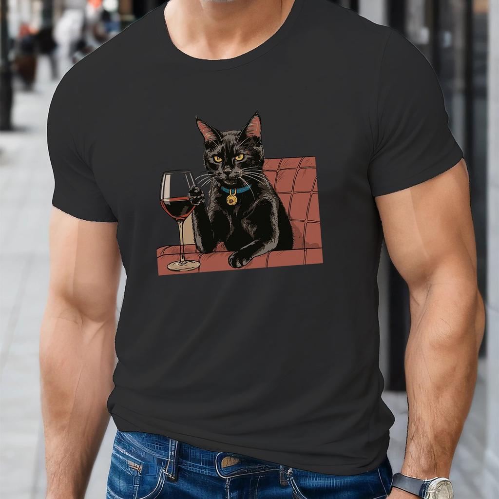 Black Cat Drinking Wine Graphic TShirt Mens Casual Cotton Crew Neck Summer Tee