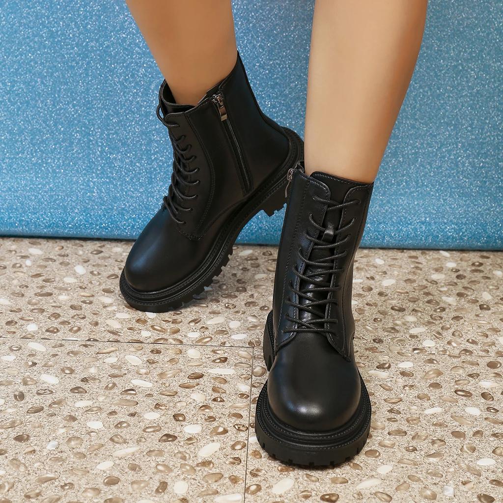Fashionable Newstyle Comfortable Wear-Resistant Anti Slip Women'S Boots Winter Solid Color Elegant Lace Up Casual Mid-Tube Boots