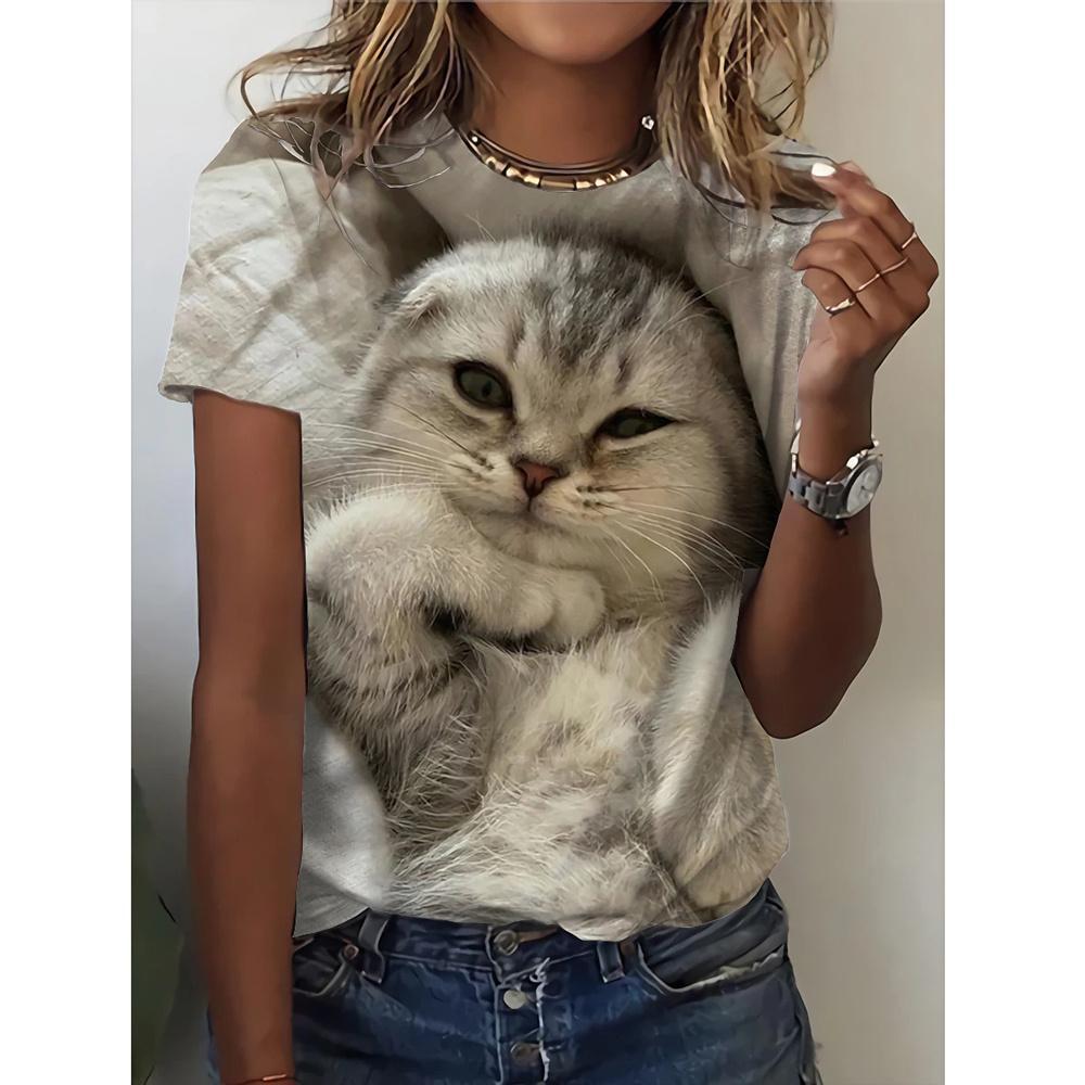 Summer Short Sleeved Women's T-shirt Cartoon Cat 3D Digital Printed Women's T-shirt
